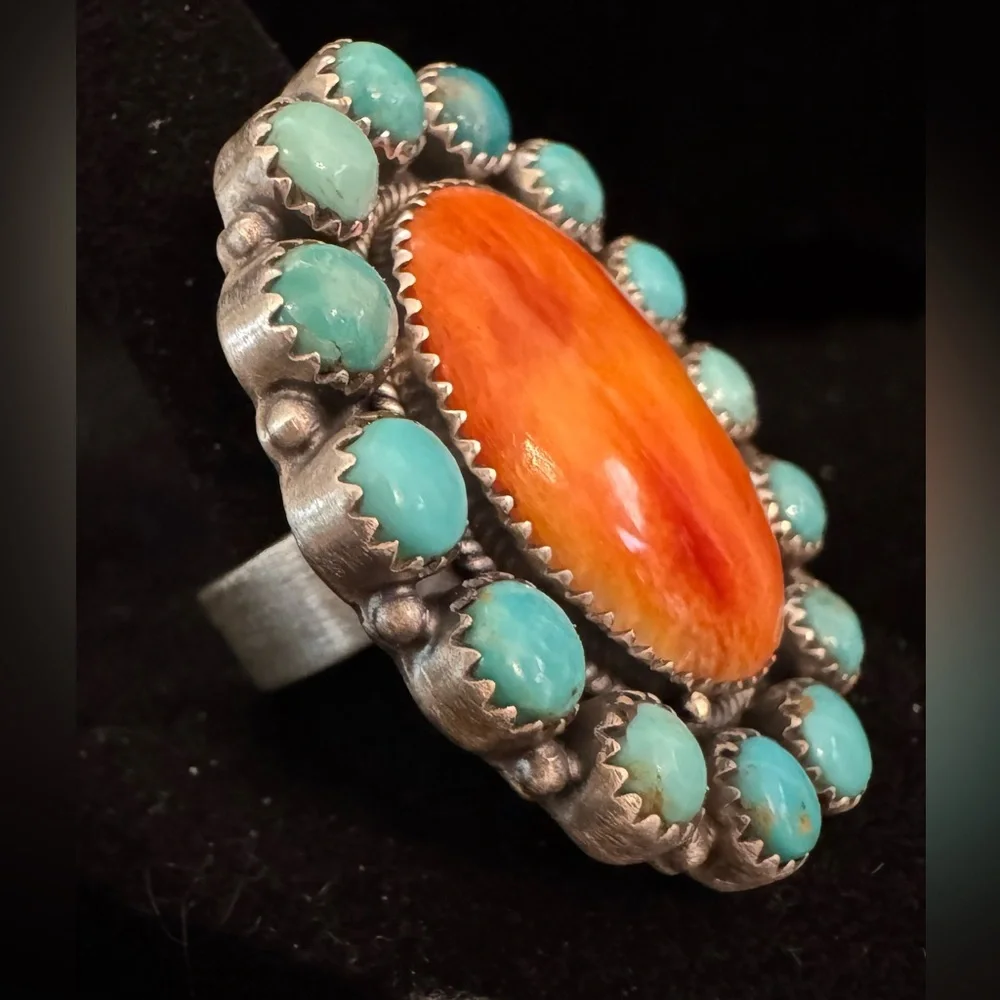 Spiny oyster Orange &‎ genuine, Kingman Turquoise Statement Ring sterling silver